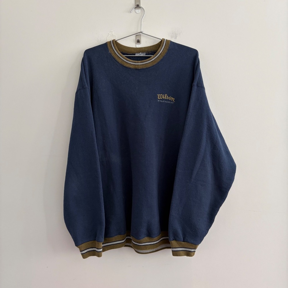 Wilson Athleticwear Mens Navy Blue Crewneck Sweatshirt XL Striped Trim